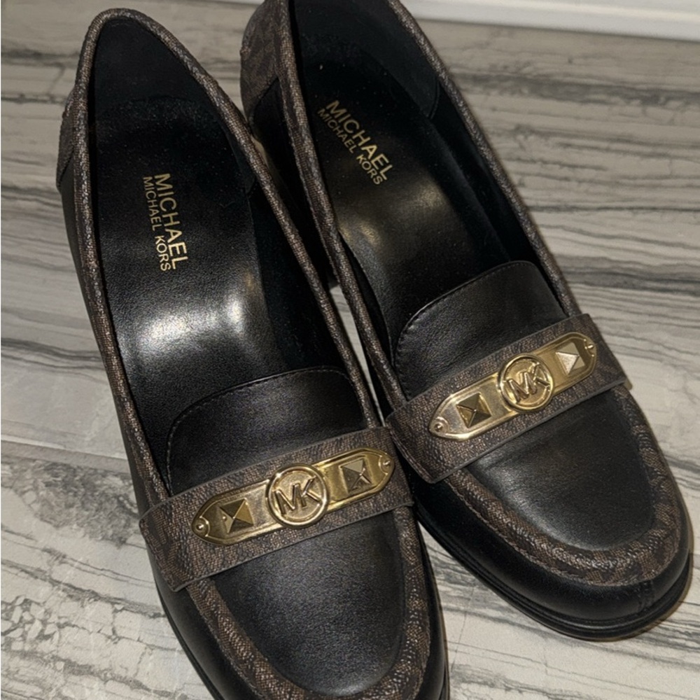 Michael Kors Black and Brown Loafers with Gold Accents